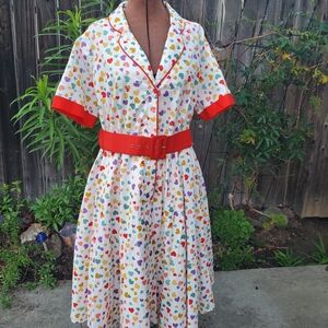 Modcloth Multicolor Heart Print Midi Dress with Red Trim